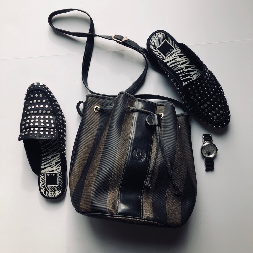 Fendi Black and Brown Striped Crossbody Bucket Bag